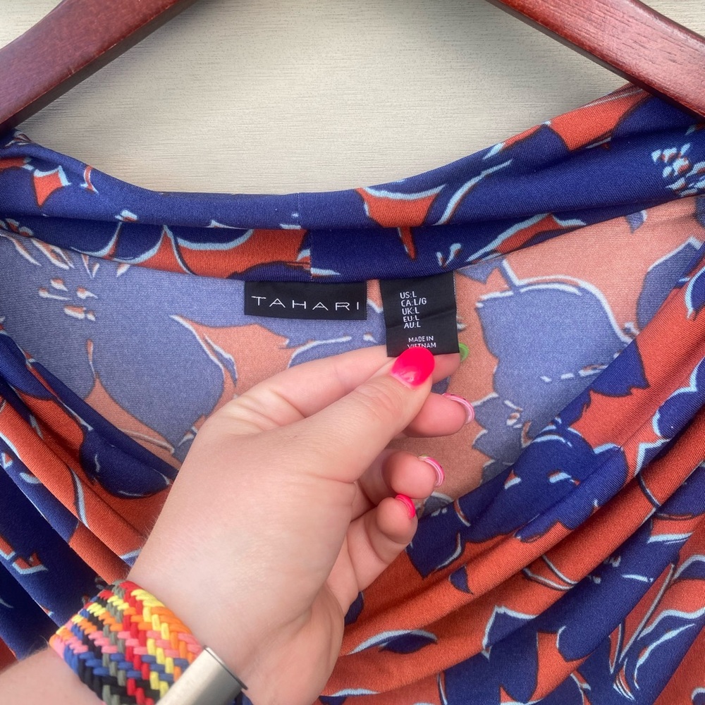 Tahari Draped Sleeveless Blouse in Blue and Orange - Picture 6 of 9